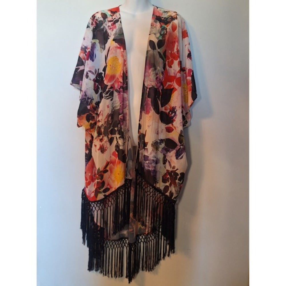 Beach Scene Collection Floral Kimono Swimsuit‎ Cover Up Black Fringe